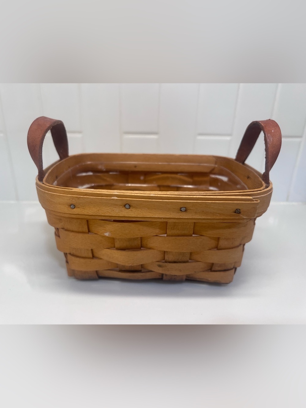 Longaberger 2002 Tea Basket with Leather Handles Plastic Liner